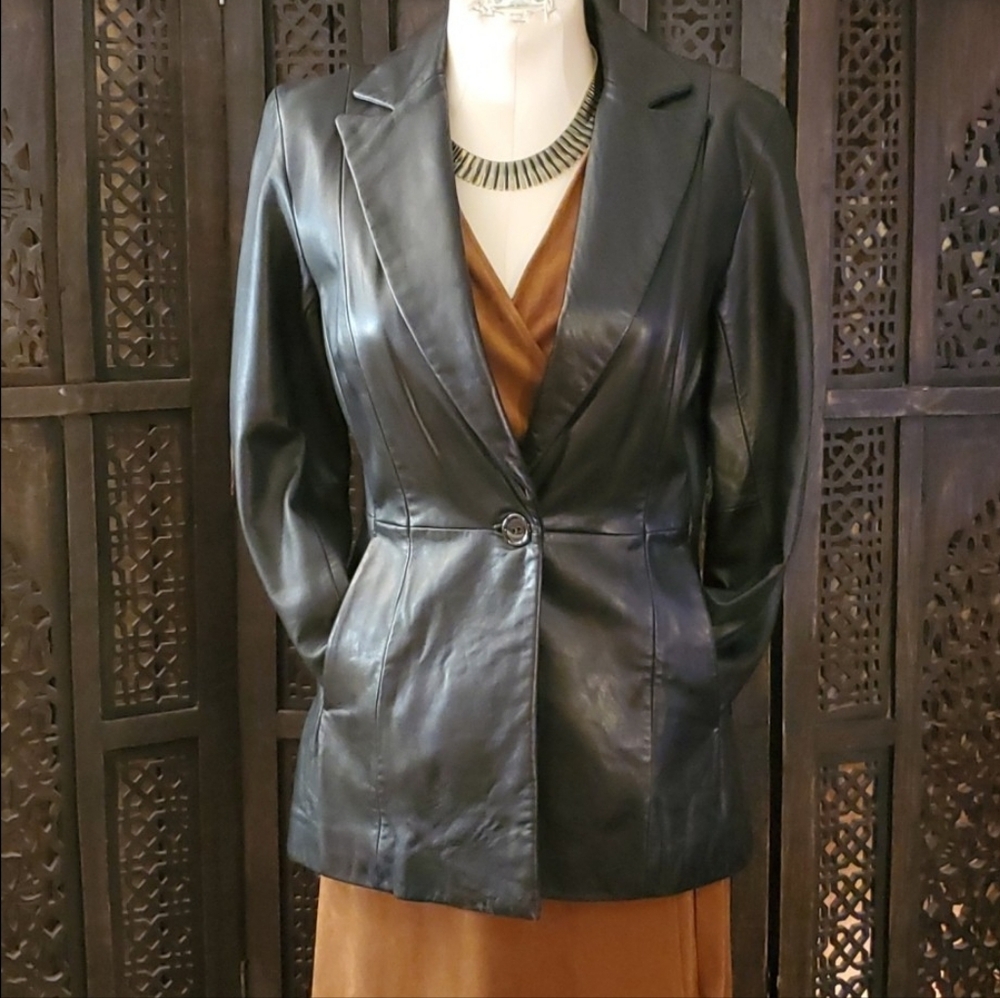 Black Leather One button Jacket Sz 2